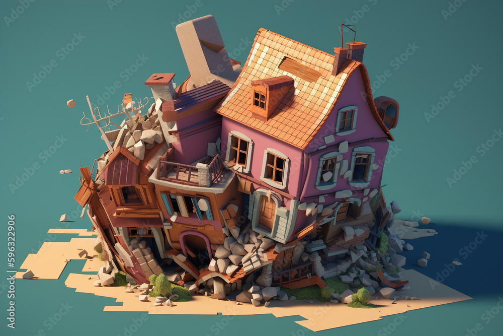 Earthquake, abandoned housing concept. Destroyed apartment building, broken sweet home. Generative AI illustration