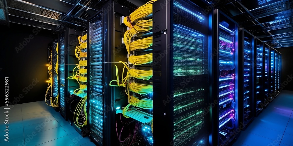 Platform for hosting contemporary Internet contents. Rack housing server data storage hardware. The equipment in the data center is connected by a lot of network cables. Generative AI technology. - obrazy, fototapety, plakaty 