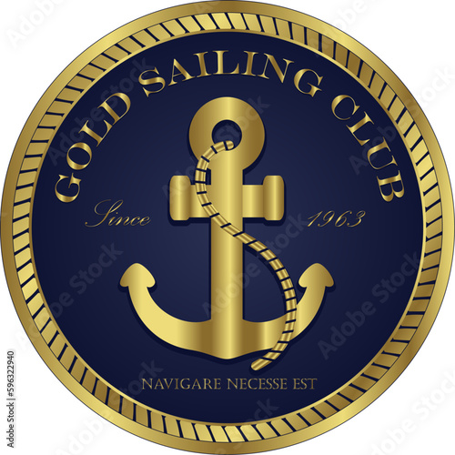 Gold sailing club badge. Gold anchor with rope and text.