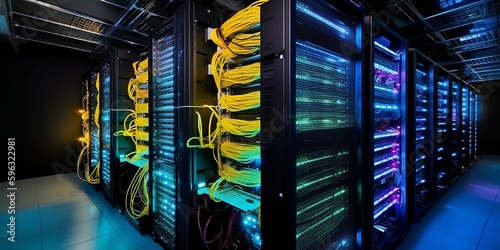 Platform for hosting contemporary Internet contents. Rack housing server data storage hardware. The equipment in the data center is connected by a lot of network cables. Generative AI technology.