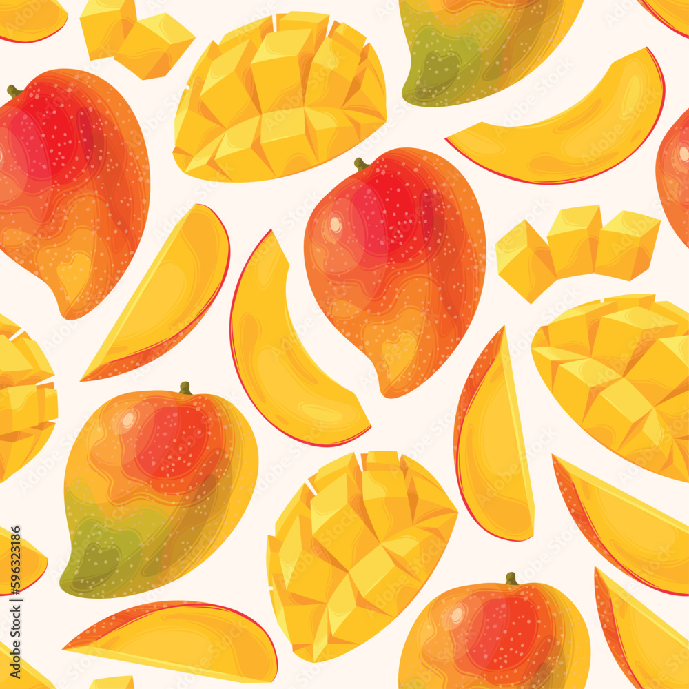 Seamless pattern with ripe mango and its half
