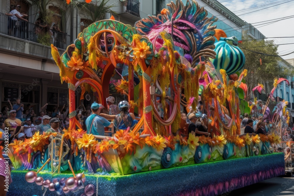 mardi gras parade, with a colorful and elaborate float passing by, created with generative ai - obrazy, fototapety, plakaty 