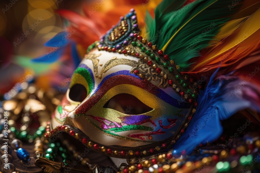 close-up of vibrant mardi gras mask, with beads and feathers in the background, created with generative ai - obrazy, fototapety, plakaty 