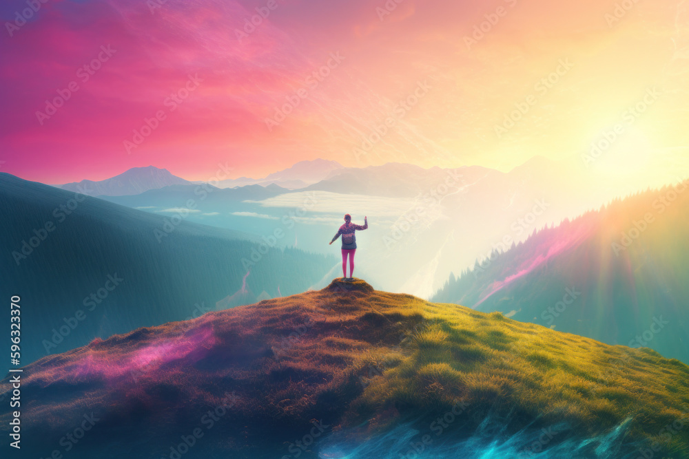 Woman embracing the day on top of a mountain with a colourful sky. Generative Ai.