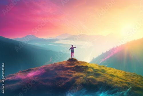 Woman embracing the day on top of a mountain with a colourful sky. Generative Ai.