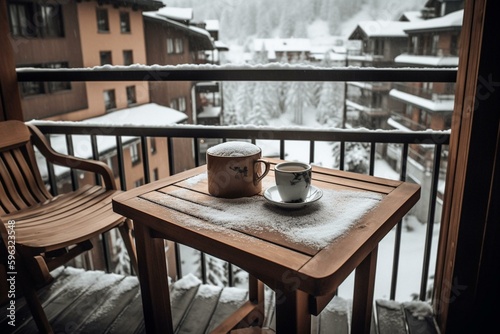 A comfortable retreat for winter - wood furnishings and coffee on a snow-covered balcony. Generative AI