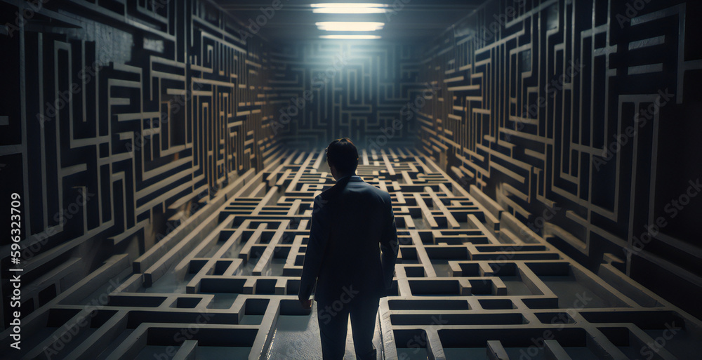 Man in maze is looking for way out. Concept of finding right solutions in life. Figure of man in labirynth with high walls. Created with Generative AI. Man in maze is looking for way out. Concept of finding right solutions in life. Figure of man in labirynth with high walls. Created with Generative AI.