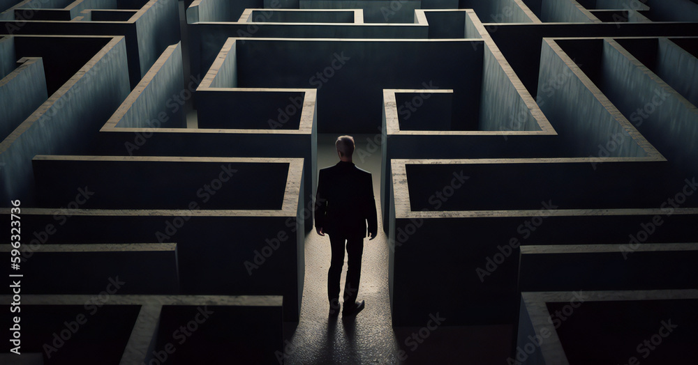 Confused businessman thinks how to find the right way to exit from a big maze. Generative ai - obrazy, fototapety, plakaty 