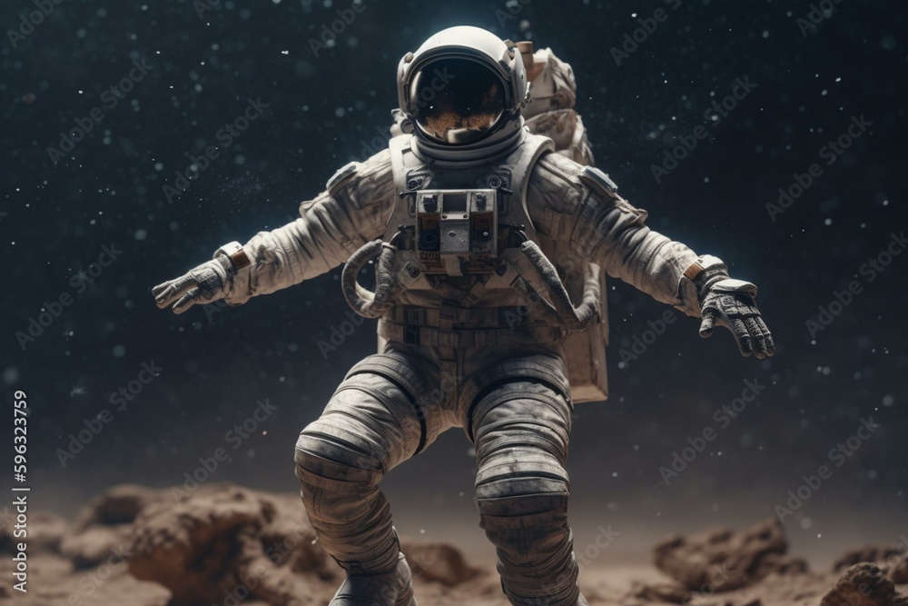 Joyful astronaut dances on planet in 3D rendering. Generative AI
