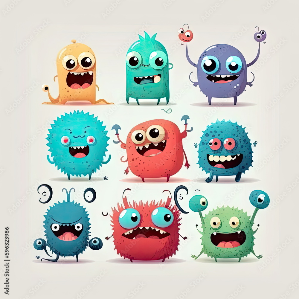 cute cartoon monsters, white background, vector illustration, Made by AI, Artificial intelligence