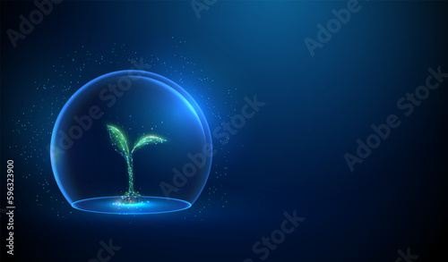 Abstract green growing plant inside glass dome.