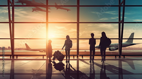 Family travelling with young child walking to departure gate, silhouette of people, travel concept