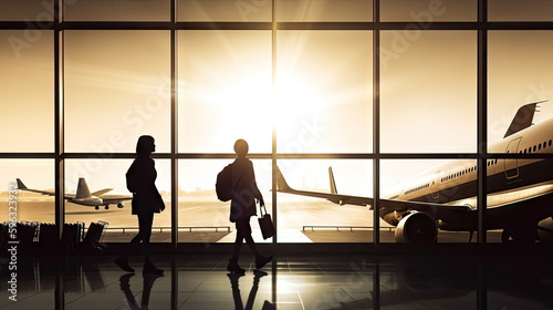 Family travelling with young child walking to departure gate, silhouette of people, travel concept