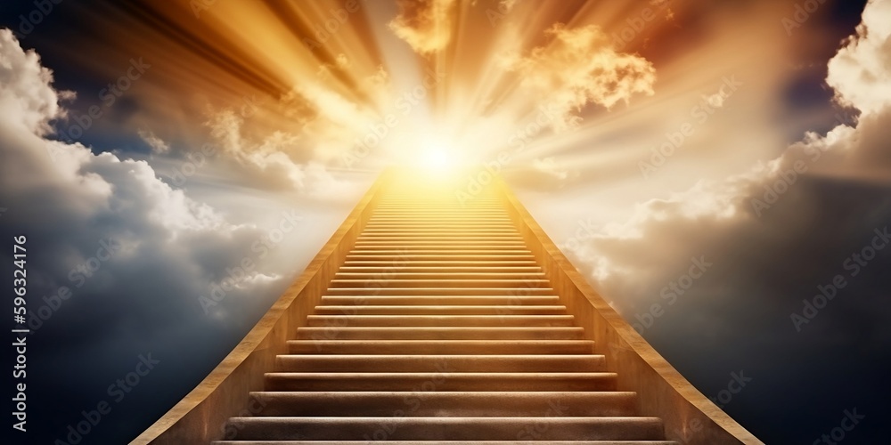 Ascending stairs to the sun. God is great. Bright heavenly light