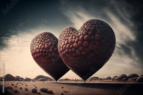 Abstract heart formed balloons in the desert. Generative AI photo