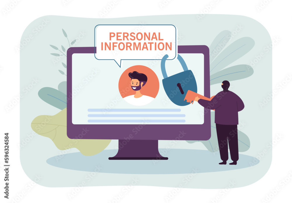 Criminal in front of huge monitor accessing personal information. Man in mask with key opening big lock on screen vector illustration. Privacy violation, security, technology, social network concept Criminal in front of huge monitor accessing personal information. Man in mask with key opening big lock on screen vector illustration. Privacy violation, security, technology, social network concept