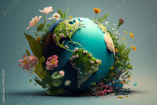Innovative composition shows the Earth as a 3D Model covered in vibrant greenery and a blooming flower, reminding us of the beauty and importance of nature. , Generative Ai photo