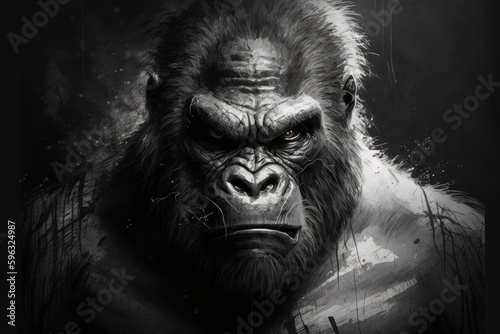 Gorilla sketch on black background. Generative Ai