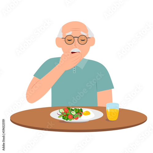 A senior man suffers from nausea and abdominal pain. Vomiting and diarrhea.Person with food poisoning. Flat vector illustration