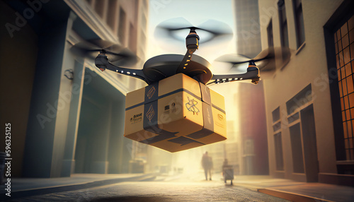 Fotografie, Tablou Delivery drone flying in city. Package delivery. Generative ai.