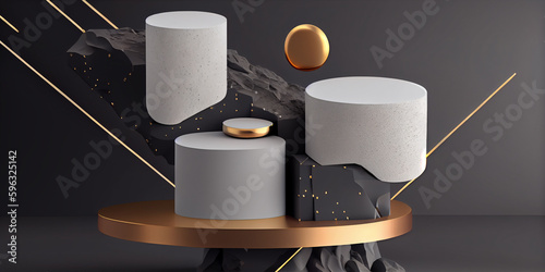 Cosmetic product presentation, black and golden background with podium and abstract shapes, 3d render 