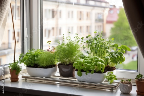 microgarden on windowsill, with herbs and veggies for cooking, created with generative ai photo