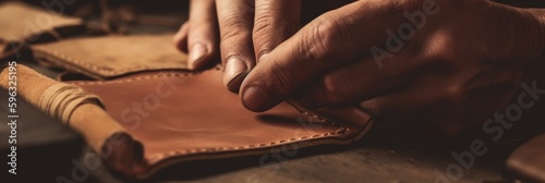 Man makes a leather wallet. Generative AI