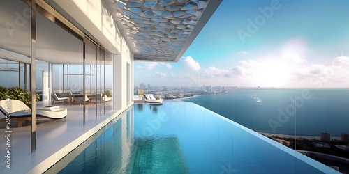 Impressive luxury penthouse terrace with a swimming pool overlooking Miami, generative AI technology photo