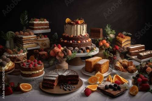 Assortment of cakes and pastries for a wedding, including fruit, chocolate, strawberry, and vanilla flavors from a bakery. Generative AI