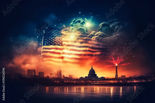 Illustration of big flag usa over US Capitol and fireworks in sky. independence day. 4th of July © zamuruev