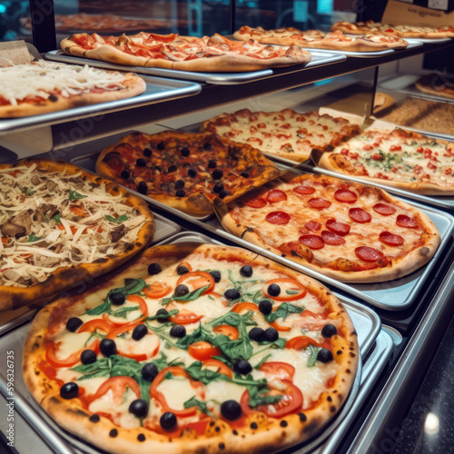Pizza assortment in a shop display, close up. Delicious Italian street food. Generative AI