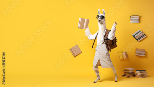 a llama in glasses with a backpack and many books on a yellow background, Generative AI photo