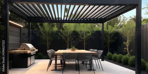 Fototapete Modern patio furniture include a pergola shade structure, an awning, a patio roof, a dining table, seats, and a metal grill