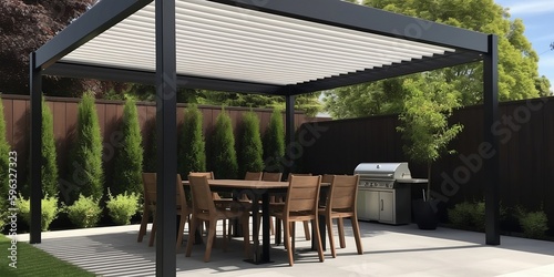 Modern patio furniture include a pergola shade structure, an awning, a patio roof, a dining table, seats, and a metal grill. Generative AI technology