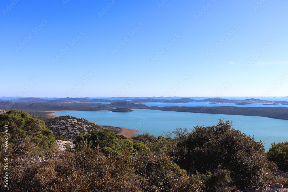 Obraz premium Aerial view of Lake Vrana and Adriatic Sea, Croatia.