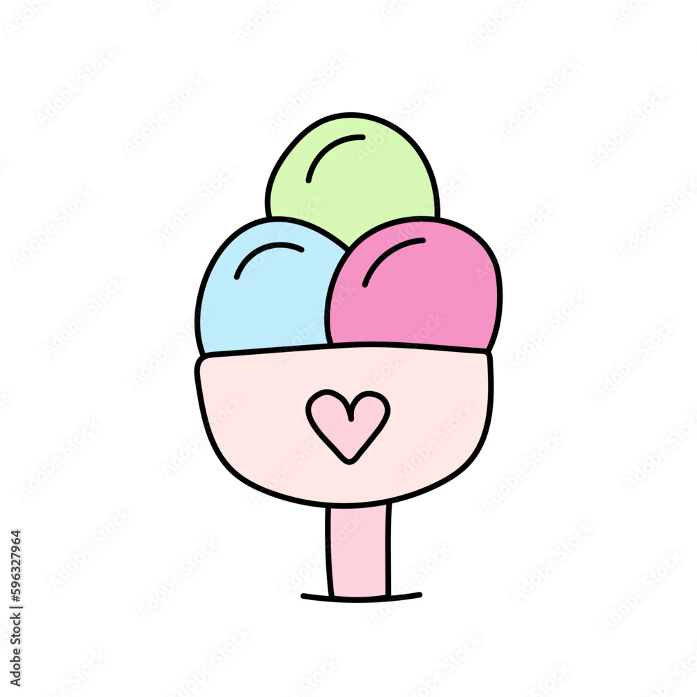 Ice cream icon. Colorful ice cream in a glass. Three scoops of ice cream in different colors. Vector illustration in doodle style. Suitable for web apps, mobile apps and print media. Ice cream icon. Colorful ice cream in a glass. Three scoops of ice cream in different colors. Vector illustration in doodle style. Suitable for web apps, mobile apps and print media.