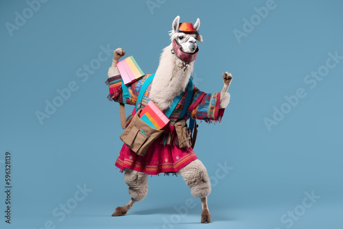 stylish llama with books in a backpack on a blue background, Generative AI