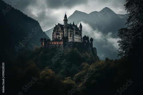 Dark and Gothic castle in a gloomy mountainous region. Generative AI