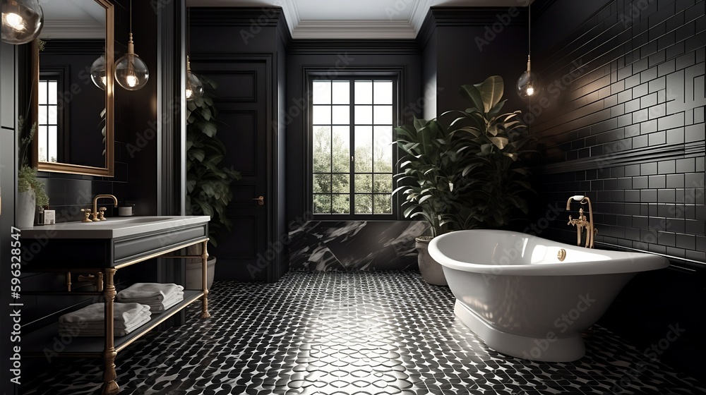 Interior of stylish bathroom with comfortable white bathtub and large window. Generative AI Interior of stylish bathroom with comfortable white bathtub and large window. Generative AI