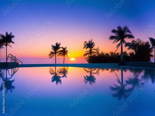 Destination for a summer beach vacation, an opulent beachside resort swimming pool with a tropical backdrop with silhouettes and water reflections. 