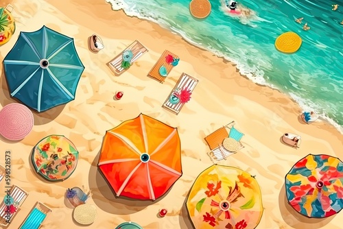 Top view beach background with very a few umbrellas,balls,swim ring,sunglasses,surfboard, hat,sandals,juice,starfish and sea. Generative AI.