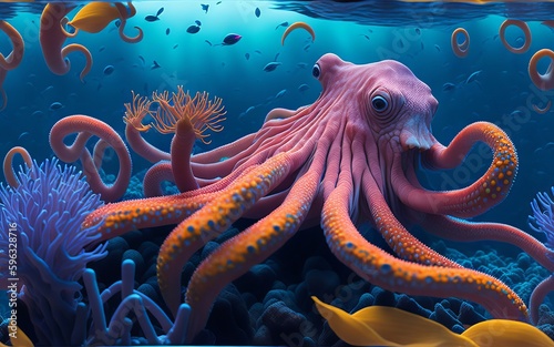 Swimming octopus at the ocean's depths beautiful underwater scenery and vibrant coral. Generative AI.