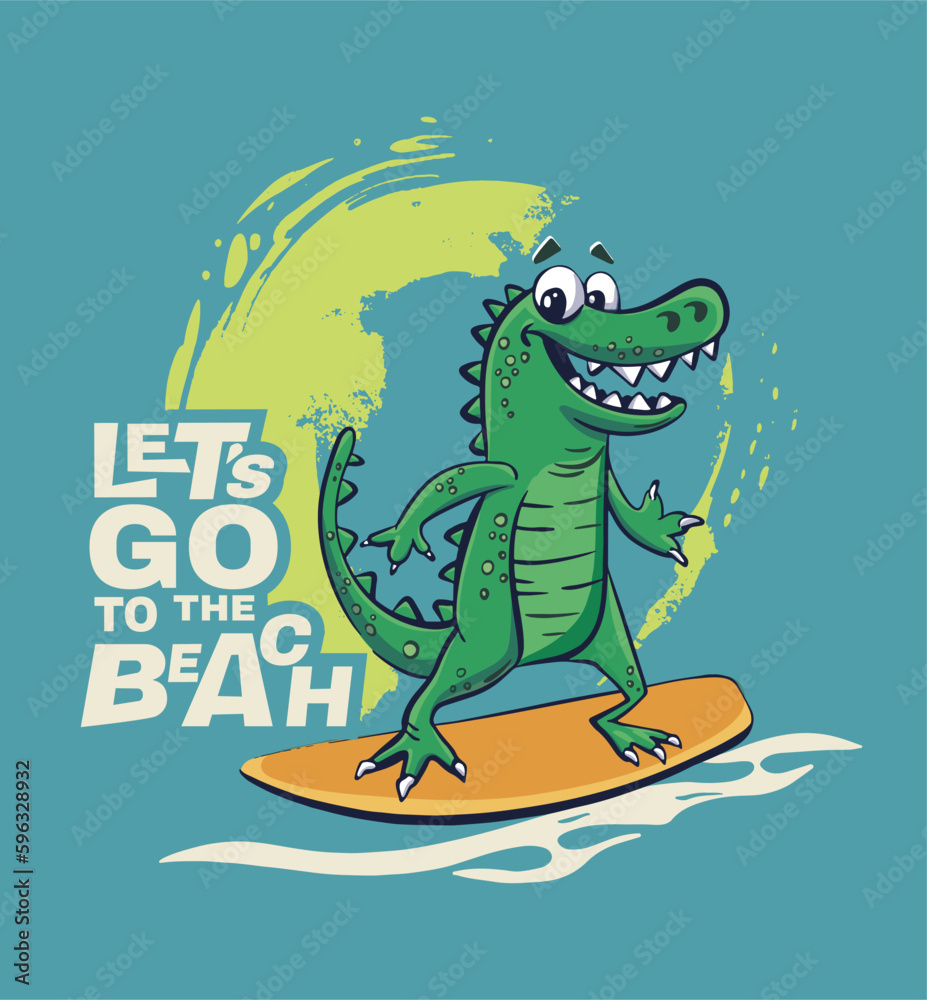 Naklejka premium Crocodile surfer cool summer t-shirt print. African animal ride surfboard on wave. Slogan. Dinosaur beach funny child wear illustration. Tropical sea surf sport kids typography fashion