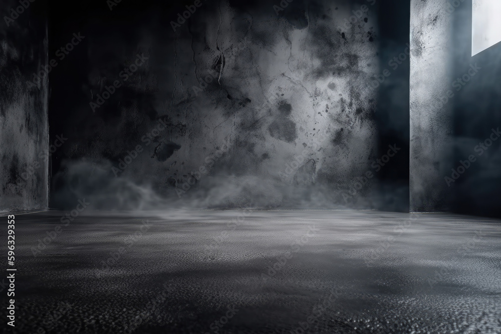 Dark black and gray abstract cement wall and interior textured studio room for product display. Wall background	