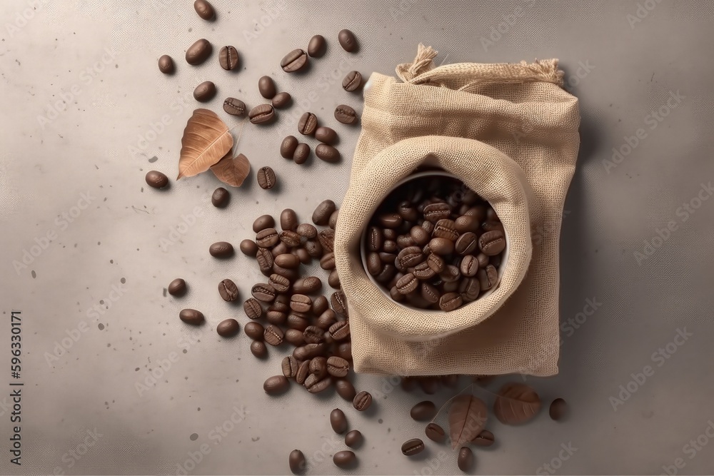 Illustration of scattered coffee beans and burlap sack, background. Generative AI Illustration of scattered coffee beans and burlap sack, background. Generative AI