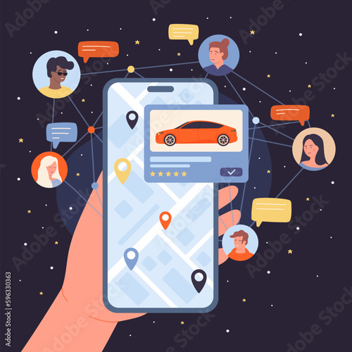 Share car online vector illustration. Cartoon customers hand holding phone with car sharing application on screen and community of people, economy of cooperative use of transport for city ride