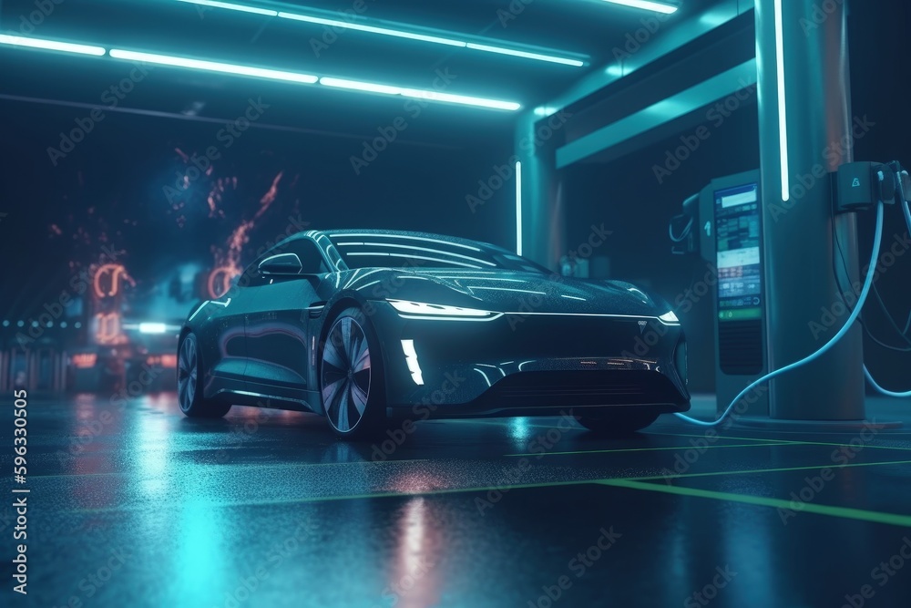 Illustration of a futuristic technological electric car at a charging station. Generative AI