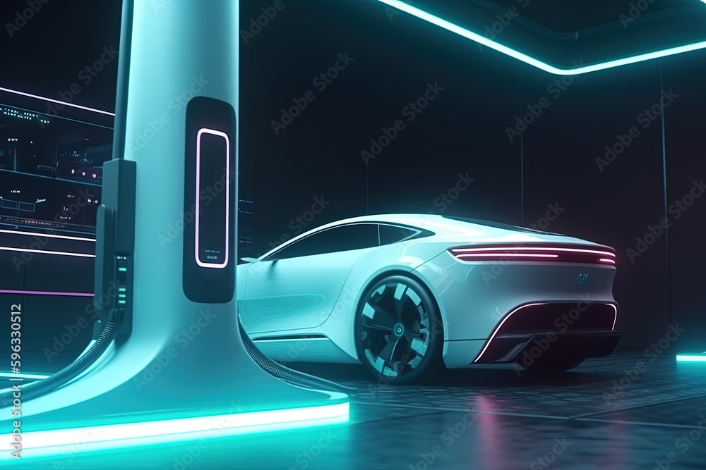 Illustration of a futuristic technological electric car at a charging station. Generative AI