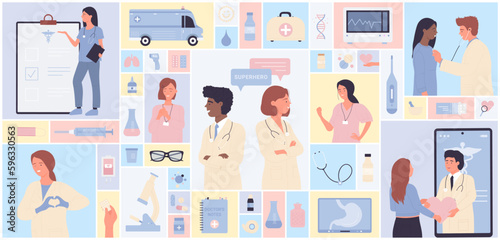 Cartoon nurse and patient, ambulance car, science microscope, stethoscope and thermometer in geometric collage background. Doctor characters and medical diagnostic equipment set vector illustration