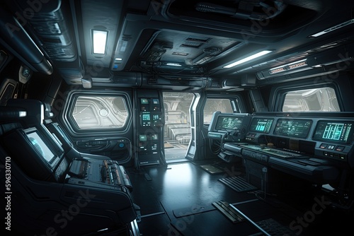Illustration of the interior of a futuristic and technological spaceship. Generative AI © Deivison